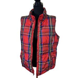 Lands End Red Plaid Puffer Vest XL 18 Womens Pockets Holiday Winter